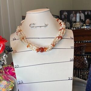 Freshwater Pearl and Carnelian 4 Strand Bead Necklace